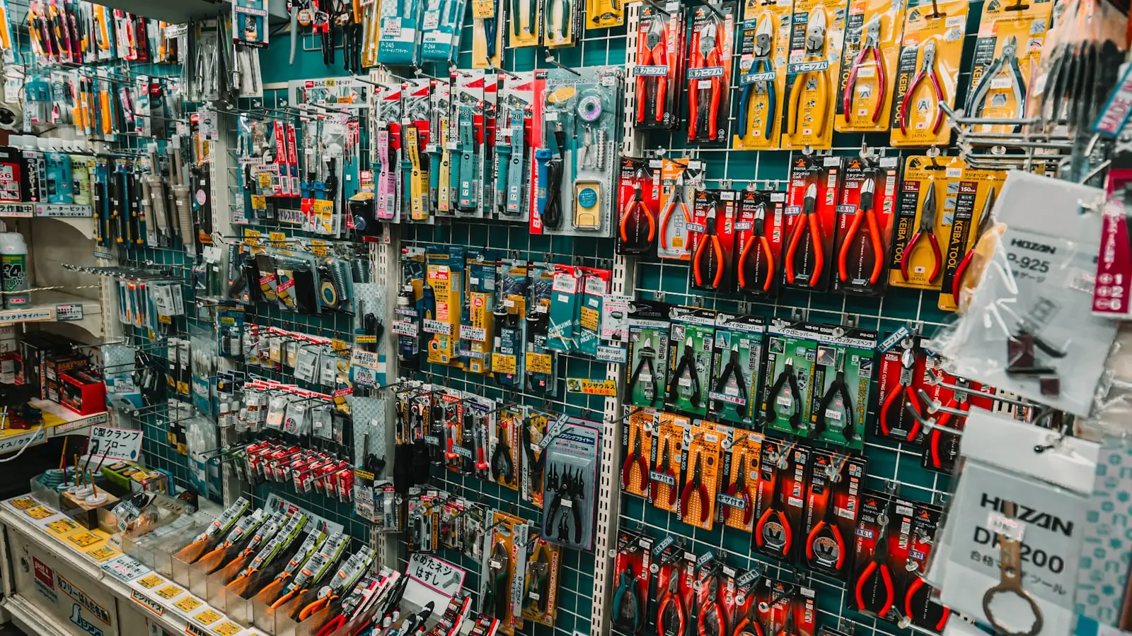 Inside Pinewood Hardware, a wall of neatly organised tools